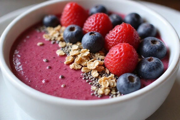 A vibrant smoothie bowl topped with fresh berries, granola, and chia seeds.