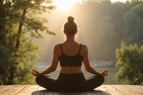 A person meditating in a peaceful setting, representing stress reduction and mental well-being.