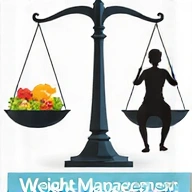 Graphic of weight management showing a scale, healthy food, and active lifestyle