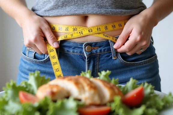 Person holding a tape measure around their waist with a healthy meal on the side