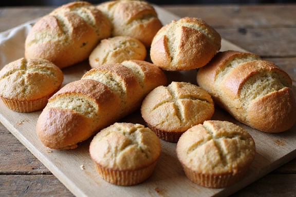 A variety of delicious gluten-free baked goods, including bread, muffins, and cookies, on a wooden table.