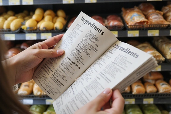 A person carefully reading a food label in a grocery store, focusing on ingredients to avoid allergens.
